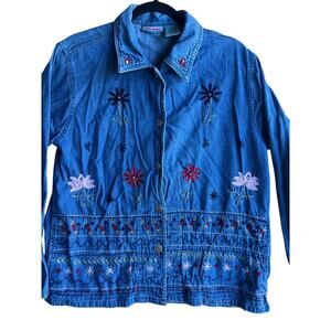 Nectar Women's Vintage Floral Embroidery Denim Jacket Button Up Size Large
